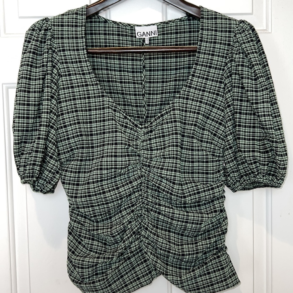 NWOT Ganni Stretch Searsucker Blouse Mini Check Green Bay Size 8/10 EU 40
